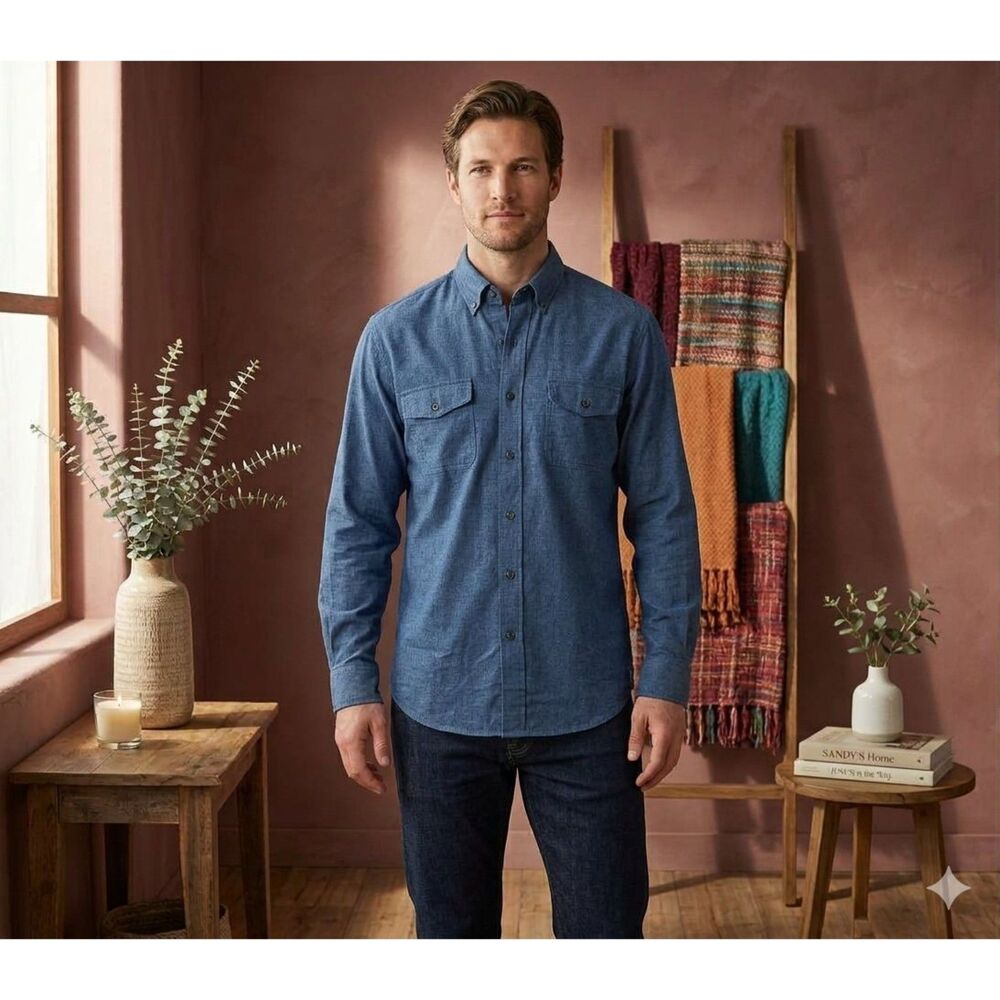 Izod Saltwater Classics Mens L Blue Flannel Shirt Button Down Relaxed Fit